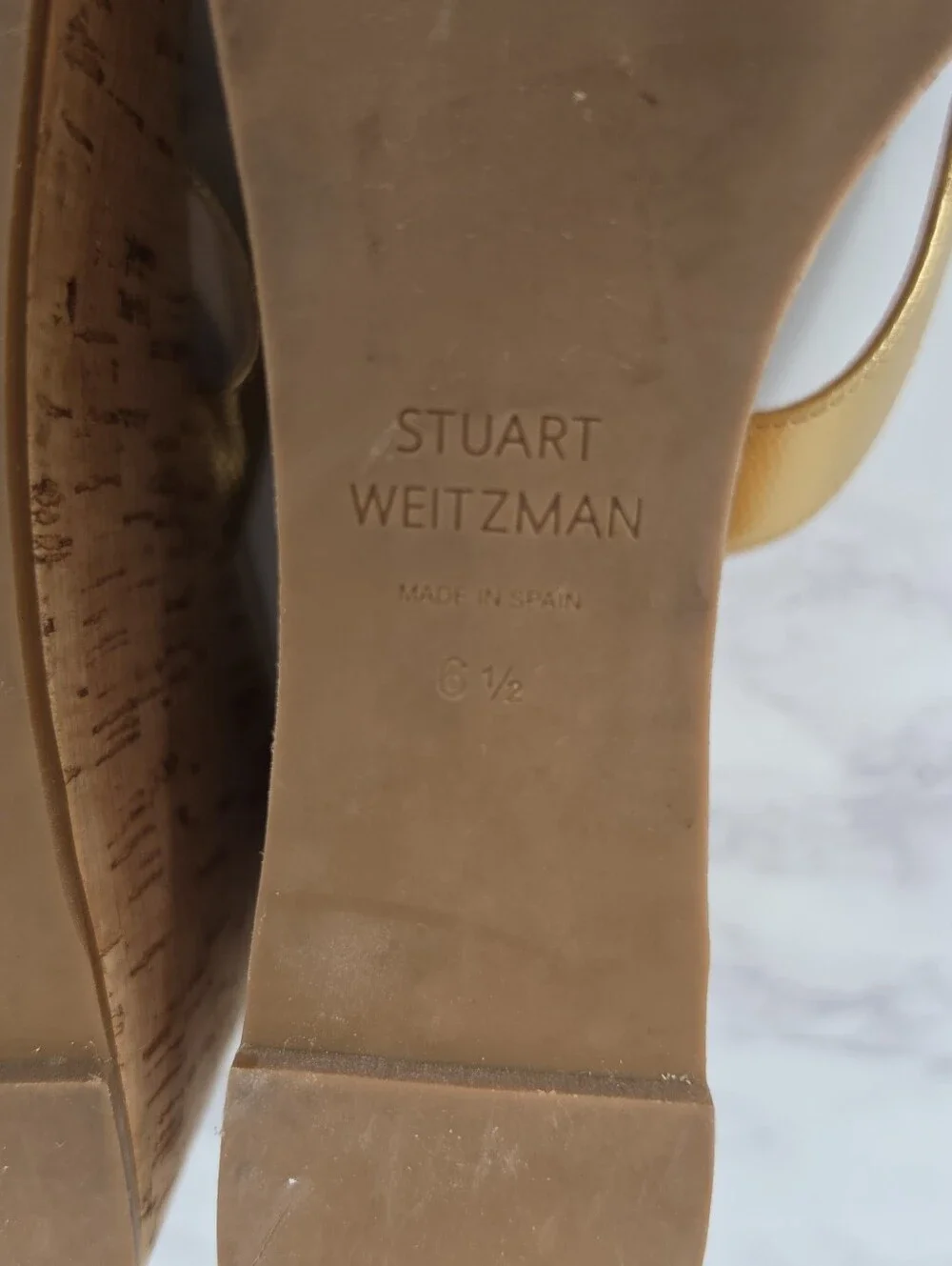 Stuart Weitzman Metallic Gold Leather Straps Cork Wedge Platform Sandals - Picture 13 of 15